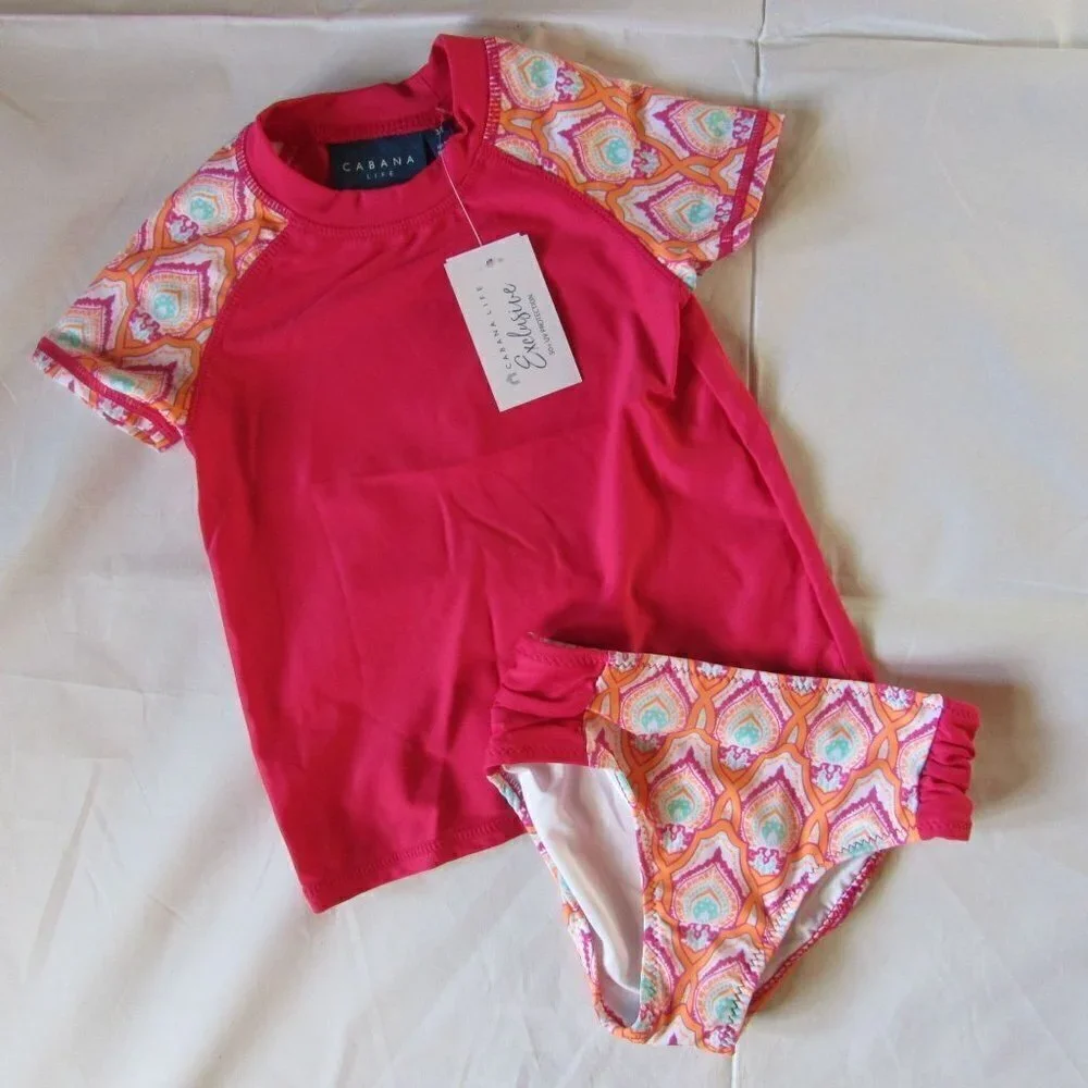 Cabana Life Girl's Printed Rashguard & Bikini Bottoms Swim Set UPF 50+